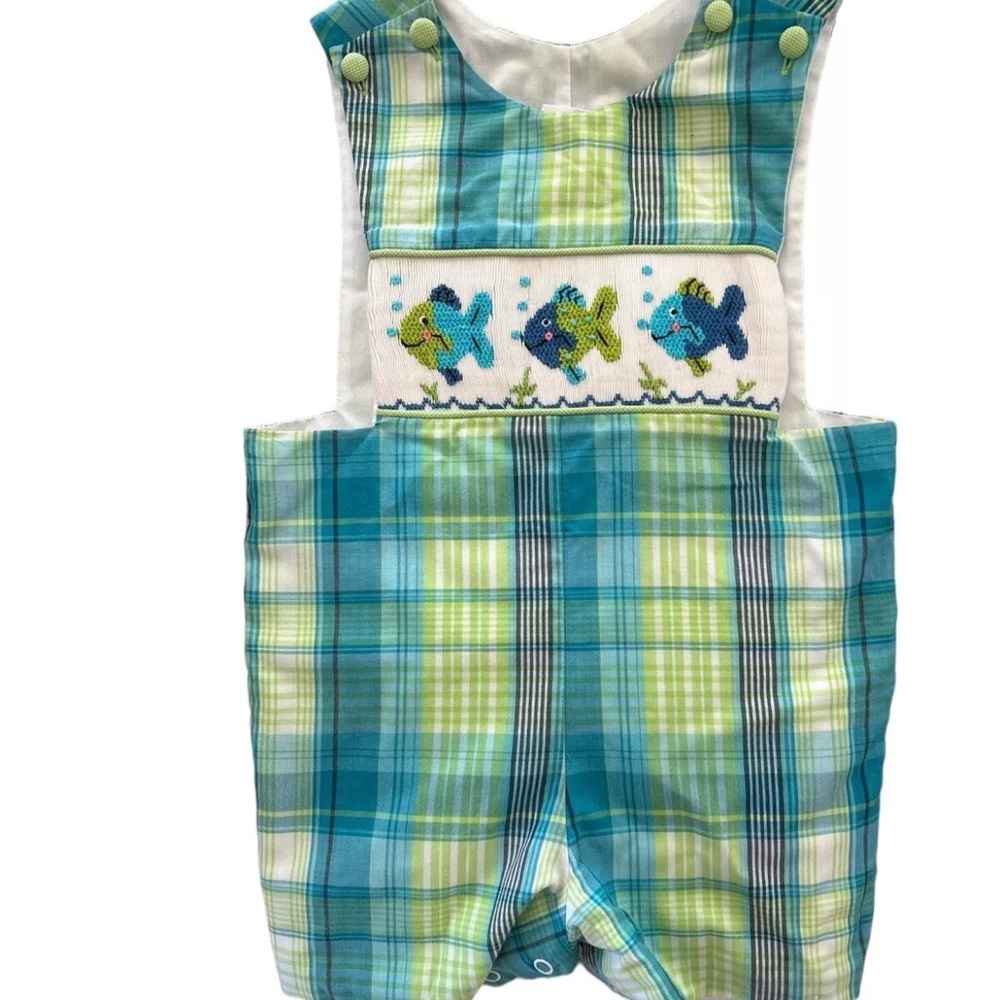 Boutique Smocked Fish Shortall Sz 9M Summer Blue Green Plaid